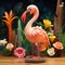 Colorful Flamingo Figurine On Wooden Base - Cinema4d Rendered Sculpture