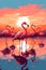 Colorful flamingos standing in a shallow lake against a sunset.AI generated
