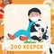 Colorful flashcard kidsâ€™ profession dream. A cute girl as a zookeeper taking care of a panda.
