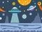 Colorful flat seamless landscape with outer space adventure. Vector background - ufo, stars and planets.