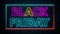 Colorful Flickering Black Friday Lettering Glowing Neon Sign Inside Rotating Neon Light Rectangle Frame On Dark Brick Wall