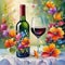 Colorful floral background with bottle of red wine and wineglass.