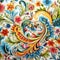 Colorful Floral Painting On White: Baroque Ornamental Flourishes And Paisley