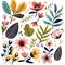 Colorful floral pattern featuring assorted flower leaf shapes, botanical illustration. Vibrant