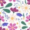 Colorful floral seamless pattern. Endless natural botanical background with blooming meadow daisy and cosmos flowers