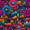 Colorful floral seamless pattern with vibrant, cartoonish flowers (tiled)