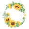 Colorful floral wreath with sunflowers,leaves,foliage,branches,fern leaves and place for your text.