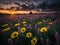 Colorful flower meadow in spring sunset. ai generative