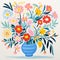 Colorful Flower Paintings In Folk Art Style: Vibrant Bouquets In Blue Vase