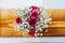 Colorful flower wedding center-piece decoration from top view