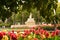 Colorful flowers adorn the Fuente de Sevilla, is a fountain located in the Puerta de Jerez.