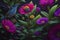Colorful flowers and bird on a dark background. Beautiful flowers. generative ai