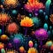 Colorful flowers on black background, surrealistic fantasy style (tiled)