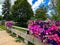 Colorful flowers on bridge.over Shiawassee River in downtown Owosso, Michigan