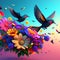 Colorful flowers and hummingbirds flying in the sky. 3D rendering Generative AI