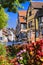 Colorful flowers and traditional houses in Colmar town,Alsace region,France.