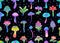 Colorful flowersl and mushrooms seamless pattern, retro 60s, 70s hippie style background. Vintage psychedelic textile