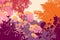 Colorful flowery scene with silhouettes of bushes, flowers and trees in vivid warm colors