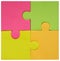 Colorful fluorescent puzzle pieces put together. Close-up, abstract background.Square Image