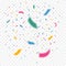 Colorful flying confetti in different focus. Celebration color ribbons. Festival decor with falling glitter. Vector.