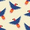 Colorful flying parrots hand drawn vector illustration. Adorable jungle macaw bird in flat style seamless pattern.