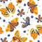 Colorful folk vector seamless pattern with butterflies and flowers.