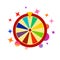 Colorful fortune wheel icon, random choice wheel with falling balloons and stars and glare, winner and lucky symbol