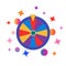 Colorful fortune wheel icon, random choice wheel with falling balloons and stars and glare, winner and lucky symbol