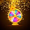 Colorful fortune wheel wins the jackpot. Piles of gold coins.