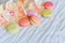 Colorful france macarons on white table background