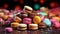 Colorful French Macarons on Selective Focus Yellow Background