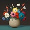 Colorful fresh fantasy spring flowers in white vase illustration painting