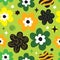 Colorful fresh retro and abstract spring daisies cute flat art pattern on green background