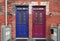 Colorful front doors of Victorian semi-detached houses