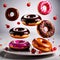 Colorful, frosted glazed donuts with fancy decoration