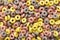 Colorful fruit cereals in a form of rings, close-up, food background