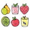 Colorful fruit characters smiling, cute animated fruits, happy fruit illustrations. Lemon, pear