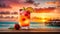 colorful fruit cocktail in a glass cup on a wooden table - on the background fiery exotic sunset