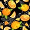 Colorful fruit design with tangerines and orange slices, leaves, random dots, modern lines. Summer repeating pattern on