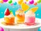 Colorful fruit desserts in glasses on blue background. 3d illustration