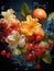 colorful fruit flowers and leaves on liquid water splash background gives a fresh look