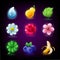 Colorful fruit and flowers slots icon set for casino slot machine, gambling games, icons for mobile arcade and puzzle