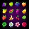 Colorful fruit and flowers slots icon set for casino slot machine, gambling games, icons for mobile arcade and puzzle