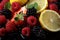 Colorful fruit mix, including berries, citrus, apples, paired with wholesome liquidized juices