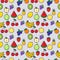 Colorful fruit  seamless pattern with a scattered vector design of assorted  tropical fruit in square format for wallpaper fabric