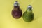 Colorful fruit smoothies.Green and Red Light bulbs healthy detox drinks with fresh spinach , kiwi, mango,avocado.Superfood concept