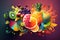 Colorful fruits and berries splash on a magenta background. Multicolored fruit background, healthy lifestyle banner. Healthy