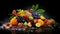 Colorful fruits scattered along the path capture the essence of nature\\\'s bounty with a dynamic composition