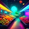 Colorful fruits and vegetables in the store. Blurred background. Generative AI