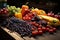 Colorful fruits and vegetables on a wooden table in a natural setting